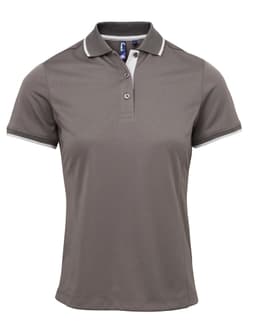 A grey polo shirt featuring a contrasting collar and cuffs, with a logo on the chest.