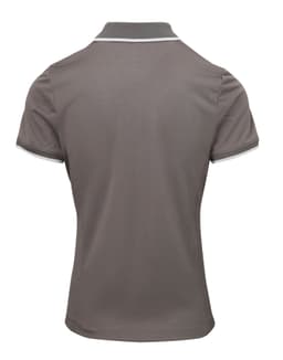 A women's polo shirt in grey with contrasting trim, featuring a logo on the back.