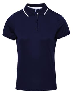A navy women's polo shirt featuring contrast white trim and buttons, with a logo on the chest.