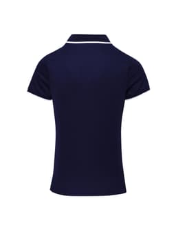 A navy women's polo shirt featuring a contrast white collar, with a logo on the side.