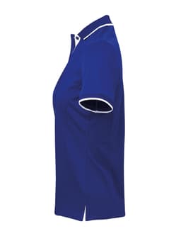 A women's polo shirt in blue with contrasting white trim and a structured collar. Features a logo on the chest.