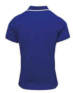 A blue women's polo shirt featuring a contrast collar and an embroidered logo. The back view showcases its sleek design.