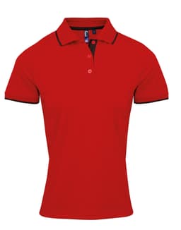 A red women's polo shirt featuring contrast black details and a collar. The shirt has a logo on it.