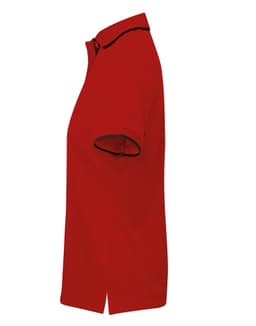 A red women's polo shirt featuring contrasting details and a classic collar. The product has a logo.