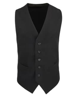 A black lined polyester waistcoat featuring a V-neck, five buttons, and two front pockets.