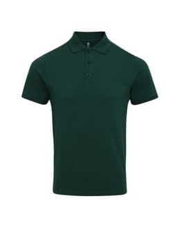 A dark green polo shirt with a three-button placket and a collar, featuring a logo.
