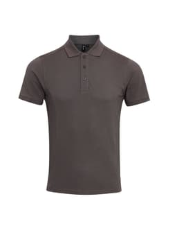 A charcoal grey polo shirt with a classic collar and three-button placket, featuring a small logo.