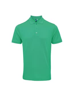 A green polo shirt with a classic collar and three buttons, featuring a logo.