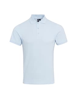 A light blue polo shirt featuring a collar and three buttons, with a logo on the chest area.