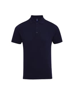 A navy blue polo shirt with a collar, three buttons, and a branding logo.
