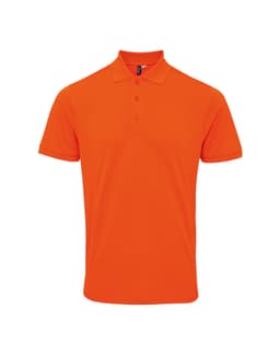 An orange polo shirt with a collar and three buttons, featuring a logo on the chest.