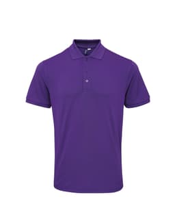 A purple polo shirt with a three-button placket and short sleeves, featuring a logo on the chest.