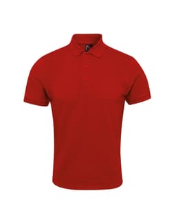 A red polo shirt with a classic collar and three-button placket, featuring a logo on the chest.