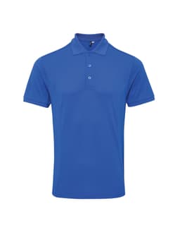 A blue polo shirt with a classic collar and three buttons, featuring a logo on the chest.