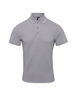 A grey polo shirt with a classic collar and three buttons, featuring a logo on the chest.