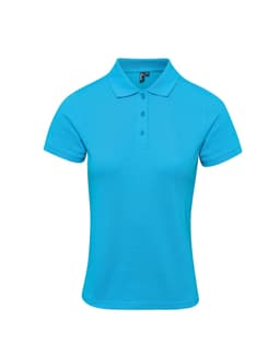 A turquoise polo shirt with a classic collar and three buttons, featuring a logo.