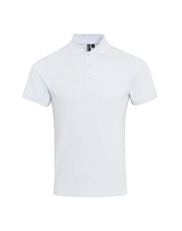 A light blue polo shirt featuring a classic collar, four-button placket, and a logo on the side.