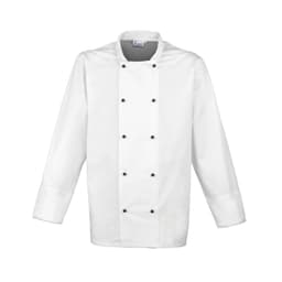 A white chef's jacket featuring black studs down the front and a classic collar design.
