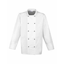 A white chef's jacket featuring black studs and a classic collar, designed for professional kitchen use.