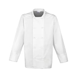 A white chef's jacket with a double-breasted design and long sleeves. The jacket features a logo on the collar.