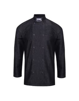 A black denim chef's jacket with long sleeves and a double-breasted front, featuring a collar and a logo.