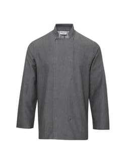 A grey denim chef's jacket with a mandarin collar and long sleeves, featuring a logo on the left side.