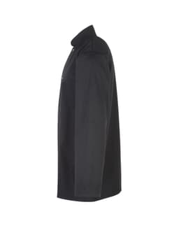 A black chef's jacket featuring a studded front, showcasing a side view with a collar and buttons.