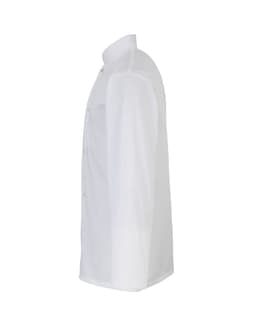 A chef's jacket in white, featuring studded front buttons and a classic collar, shown from the side.