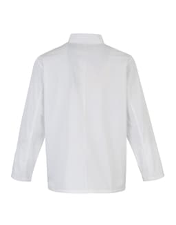 A white chef's jacket with long sleeves, featuring a simple design and a back view. It includes a logo.