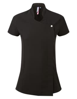 A black tunic with a short, asymmetric design and a single button detail, featuring a logo.