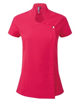 A bright pink tunic with a modern design, featuring a collar and a small logo on the side.