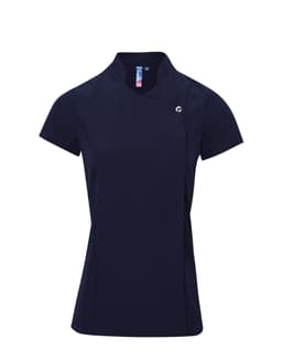 A navy tunic featuring a collar and short sleeves, with a logo on the front.
