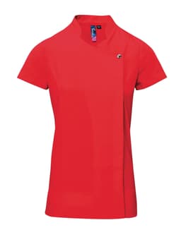 A red beauty and spa tunic featuring a modern design and a logo on the front. Short sleeves and a stylish collar.
