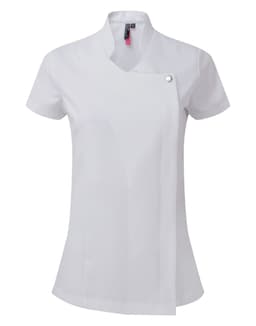 A white beauty and spa tunic featuring a stylish collar and a button detail, designed for professional uniforms.