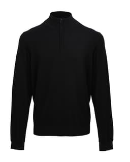 A black 1/4 zip sweater featuring long sleeves and a collar with a logo.