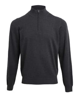 A dark grey 1/4 zip sweater with long sleeves and a collar. It features a small logo on the upper left side.