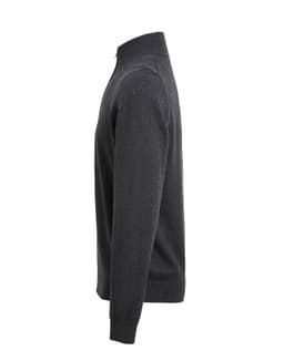 A grey 1/4 zip sweater viewed from the side, featuring long sleeves and a ribbed hem. It has a logo.