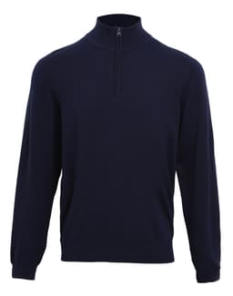 A navy 1/4 zip sweater featuring long sleeves and a high collar, with a logo on the chest.