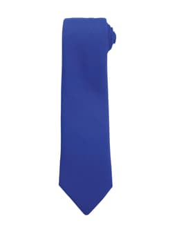 A solid blue tie with a slim design, displaying a smooth texture and rolled for presentation.