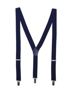 Navy blue clip-on trouser braces with silver clips for fastening. Features a central leather connector.