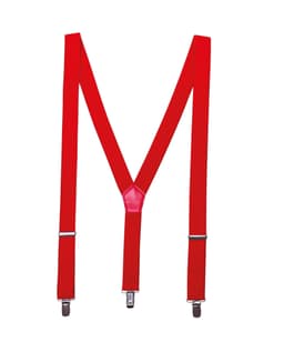 Red clip-on trouser braces with a Y-shaped design and metal clips for attachment.