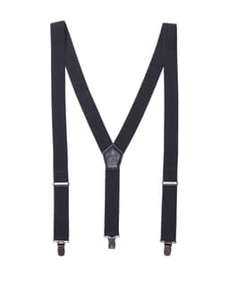 Black clip-on trouser braces with a central leather connector and metal clips for attachment.