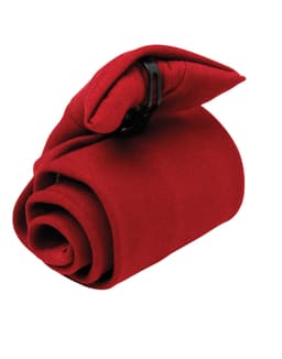 A red tie is neatly rolled and secured with a black clip. The fabric has a textured appearance.