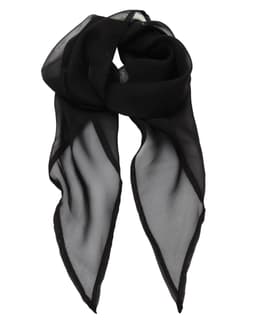 A black chiffon scarf with a sheer texture and pointed ends, featuring a subtle border.