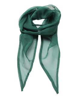 A green chiffon scarf with a lightweight, sheer design, featuring a delicate, flowing look and a simple branding logo.