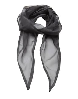 A sheer grey chiffon scarf with pointed ends and a delicate, lightweight design. It features a branding logo.