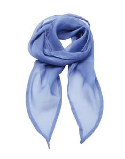 A blue chiffon scarf with a lightweight, sheer texture and pointed ends, featuring a branding logo.