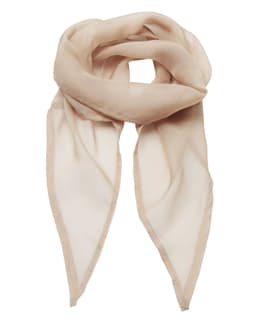 A soft chiffon scarf in a light beige colour, featuring a flowing, delicate design. It has a logo.