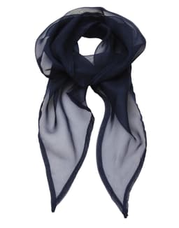 A navy chiffon scarf with a flowing design, featuring a delicate sheer texture and tapered ends.