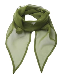 A green chiffon scarf with a lightweight, sheer fabric and a flowing design, featuring pointed ends and a delicate finish.